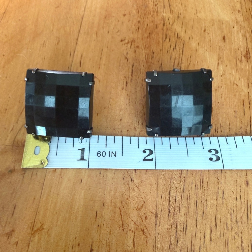 Vintage Black Square Checkerboard Faceted Stud Earrings Gunmetal Statement 1"